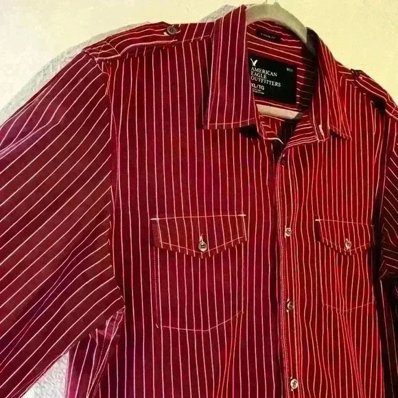 Men’s American Eagle Outfitters Red Striped Button Up Shirt 100% Cotton Size XL - Picture 7 of 9